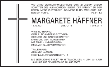 Traueranzeige von Margarete Häffner von Pegnitz-Zeitung